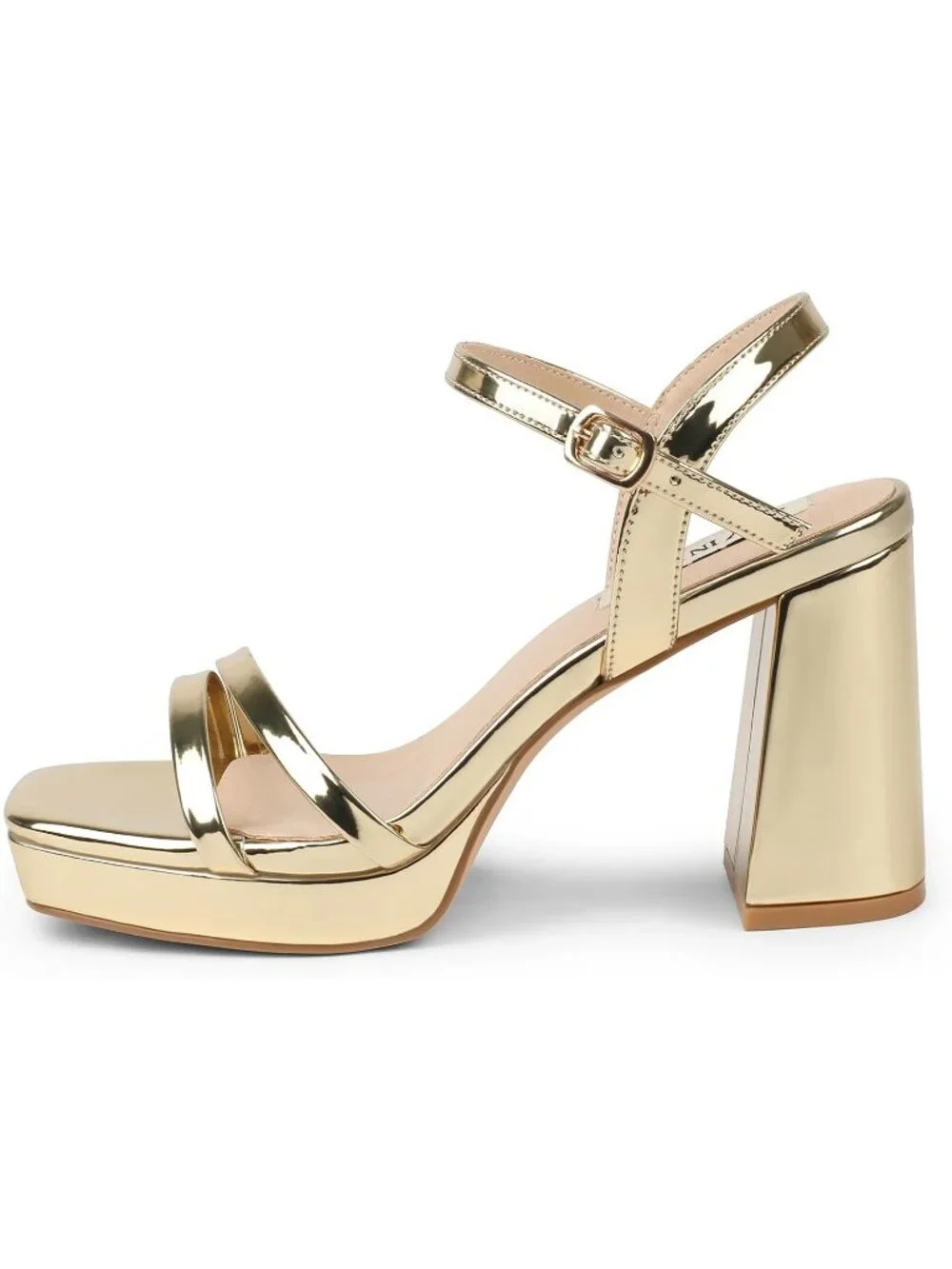 Women's Gold Patent Ankle Strap Square Open Toe  Chunky Block Heel Dress Sandals
